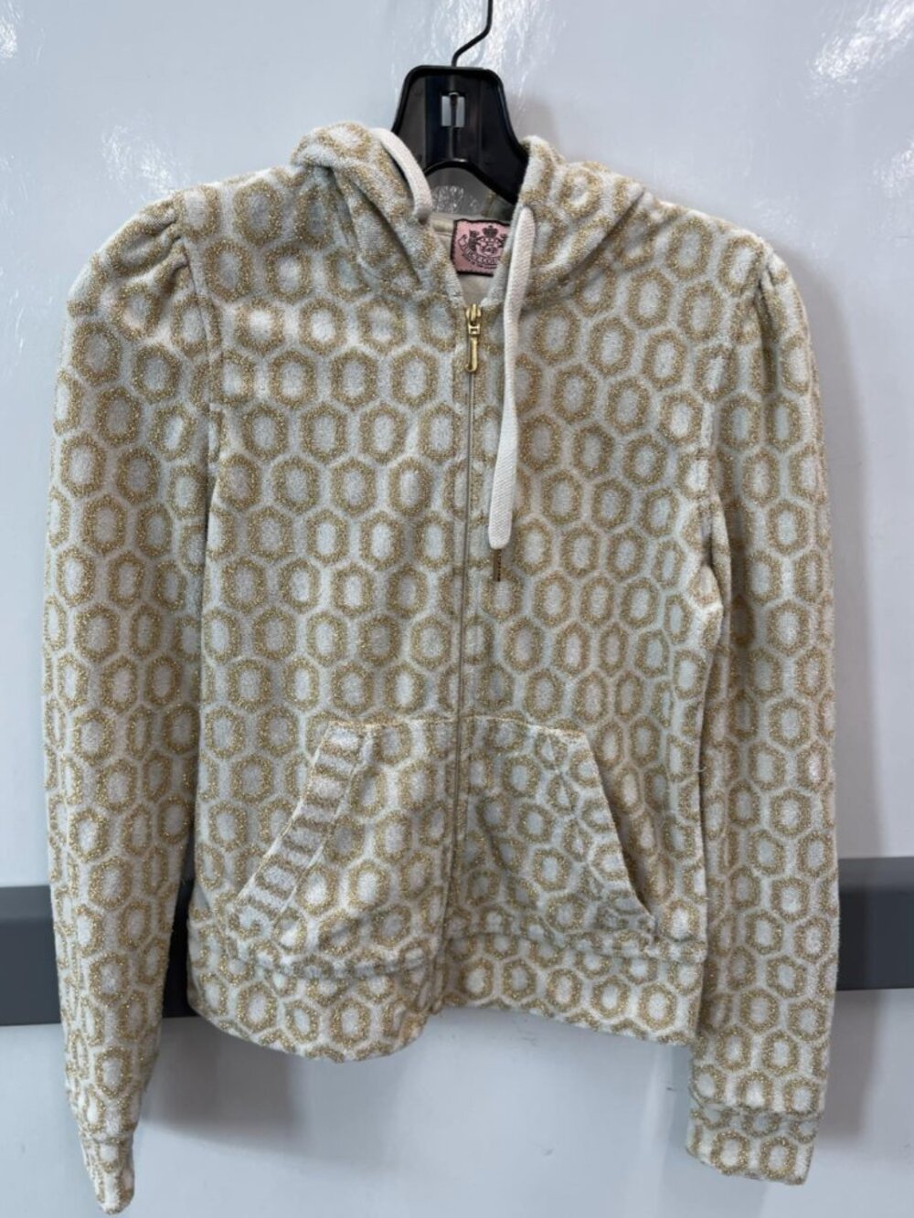 VTG Juicy Couture Geometric Gold Metallic Velvet Track Jacket Hooded Cream S